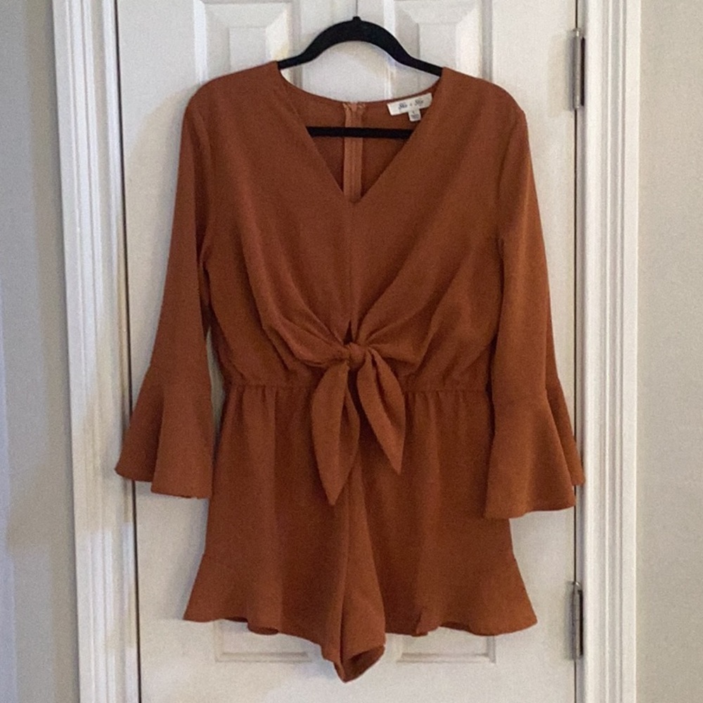 She & Sky Russet Romper w/ Bell Sleeves, Back Ruffle & Tie Sash at Waist